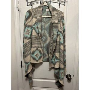 Dreamers Open Front Cardigan Sweater Women’s Medium/ Large Tribal Print Aqua